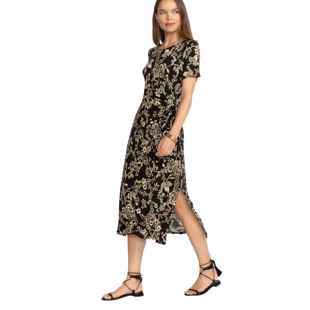 Johnny Was Janie Favorite Dress 3X Midi Side Tie Short Sleeve Black Cream NEW